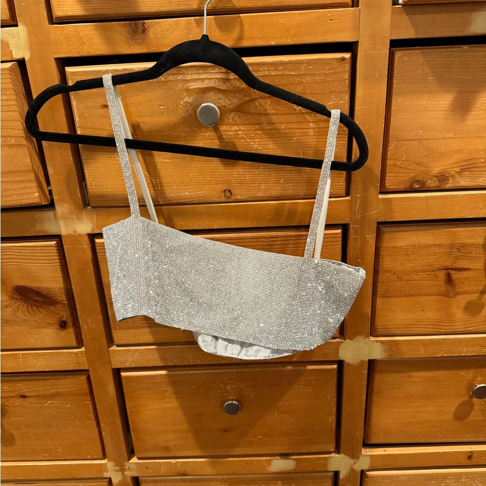 White Fox Silver Sequin Crop Top